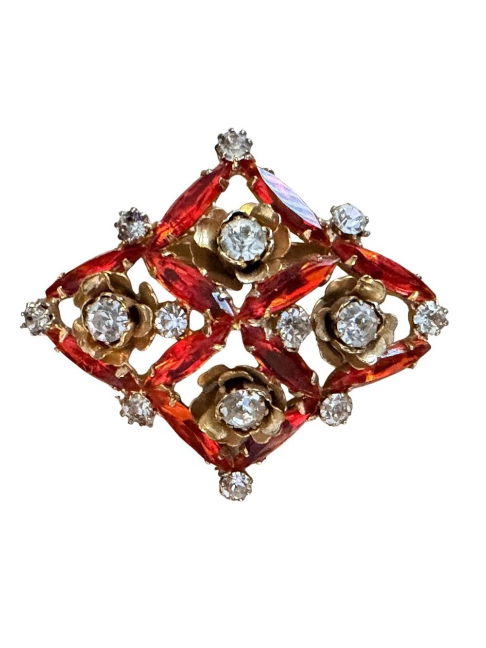 Vintage Red Marquise Rhinestone Brooch Gold Tone Diamond Shape Floral 1.5" Pin